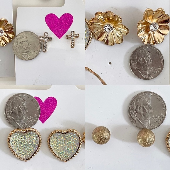 5-Piece Gold-Tone Heart & Cross Earrings and Large Hoops Earring Set - Picture 4 of 12